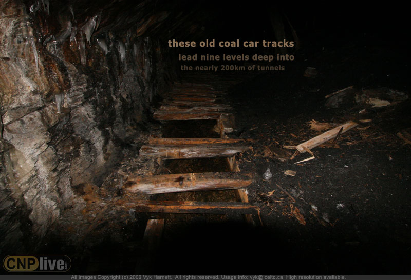 These old trolley rails lead deep into the nearly 200 km of tunnels in the Bellevue Underground Mine