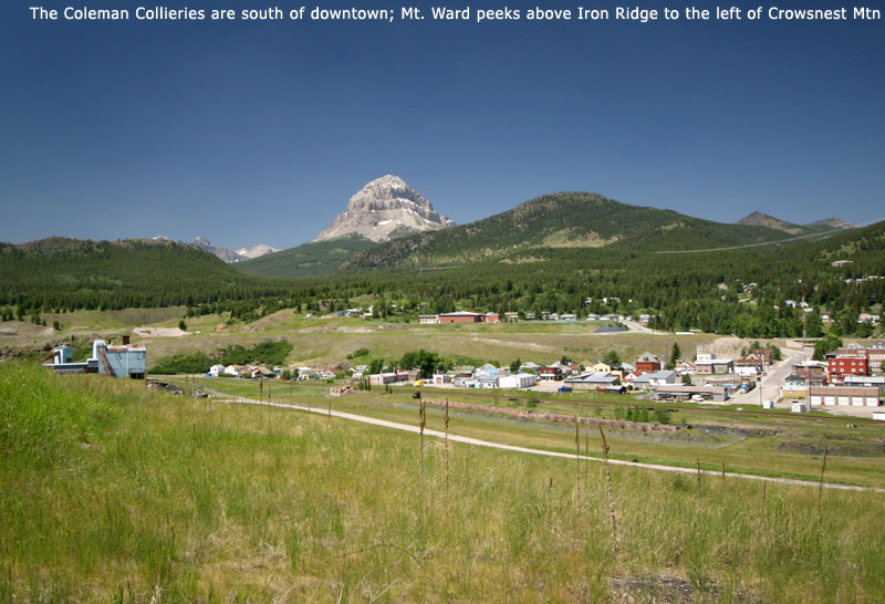 The Coleman Collieries are south of downtown; Mt Ward peeks above Iron Ridge to the left of Crowsnest Mtn