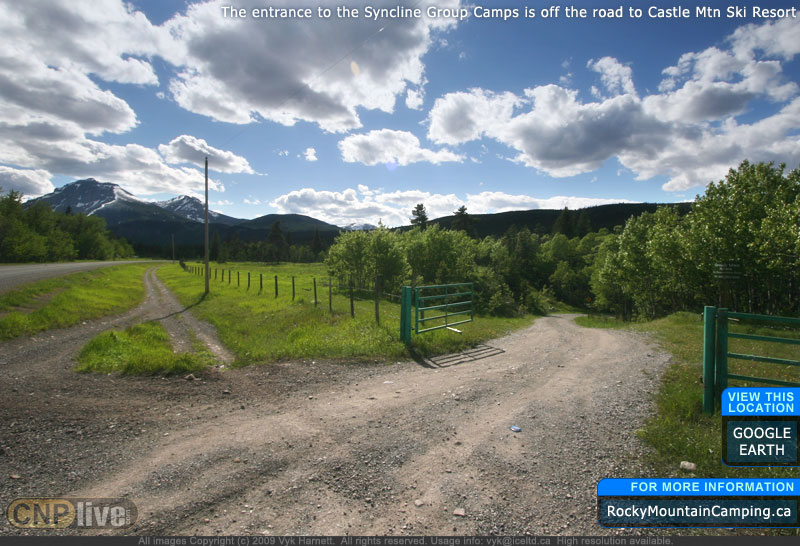 The entrance to the Syncline Group Camps is 5 kilometers from Beaver Mines Lake Campground on the road to Castle Mountain Ski Resort